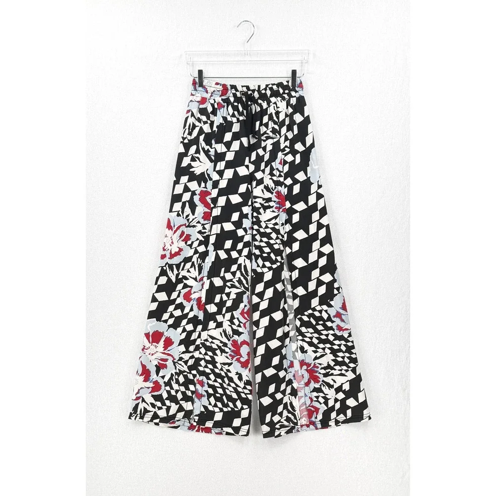 FREE PEOPLE Movement Abs Tracker Slit Hem Pants Women XS Black Floral Wide Leg - Picture 3 of 16